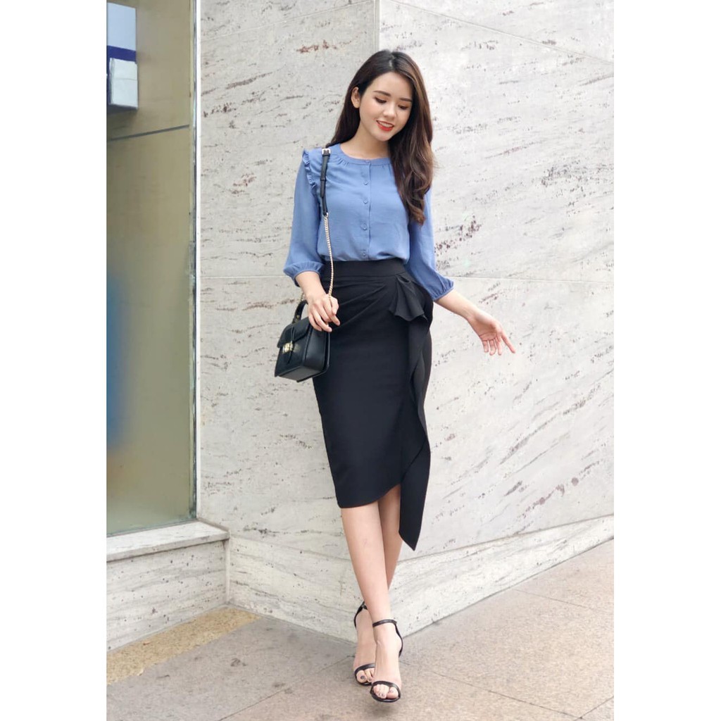 Áo sơ mi công sở cổ tròn nhấn bèo vai tay lửng màu xanh thanh lịch thời trang Gloria shop