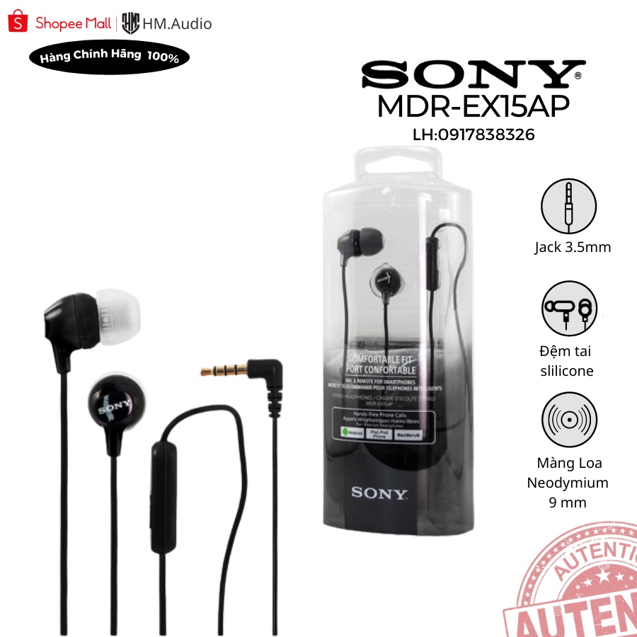 Tai nghe dây Sony In-ear MDR-EX15AP- Hàng chính hãng - Date 2022 - FullBox- Bảo hành chính hãng 6 tháng