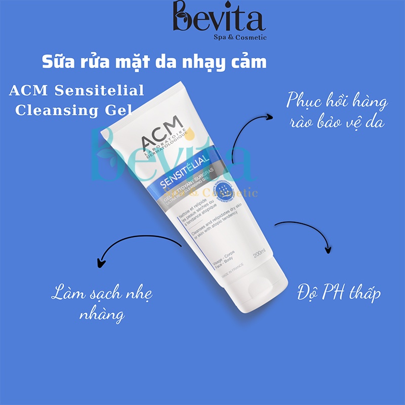 Sữa rửa mặt cho da khô ACM Sensitelial Cleansing Gel 200ml, gel rửa mặt da nhạy cảm - Bevita