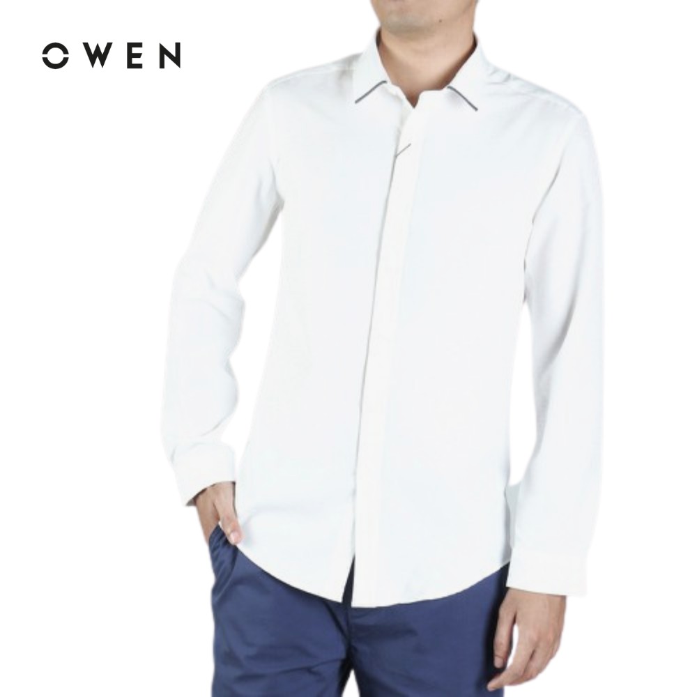 Áo sơ mi nam Owen dài tay không túi màu trắng viền cổ - AS81466D