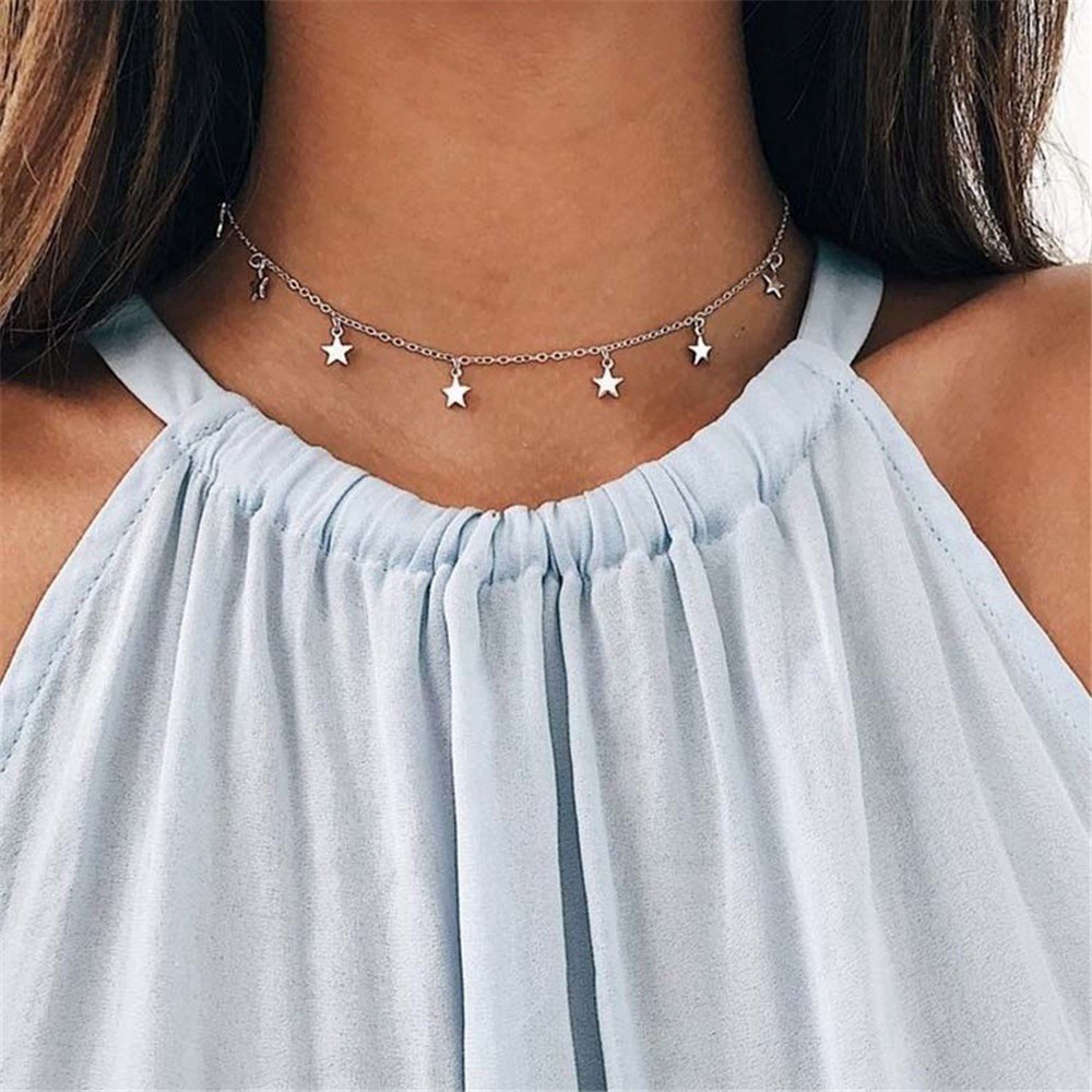 Vòng cổ Choker Nhiều Lớp Mặt Hình Ngôi Sao / Mặt Trăng Màu Vàng / Bạc Phong Cách Hàn Quốc Thanh Lịch