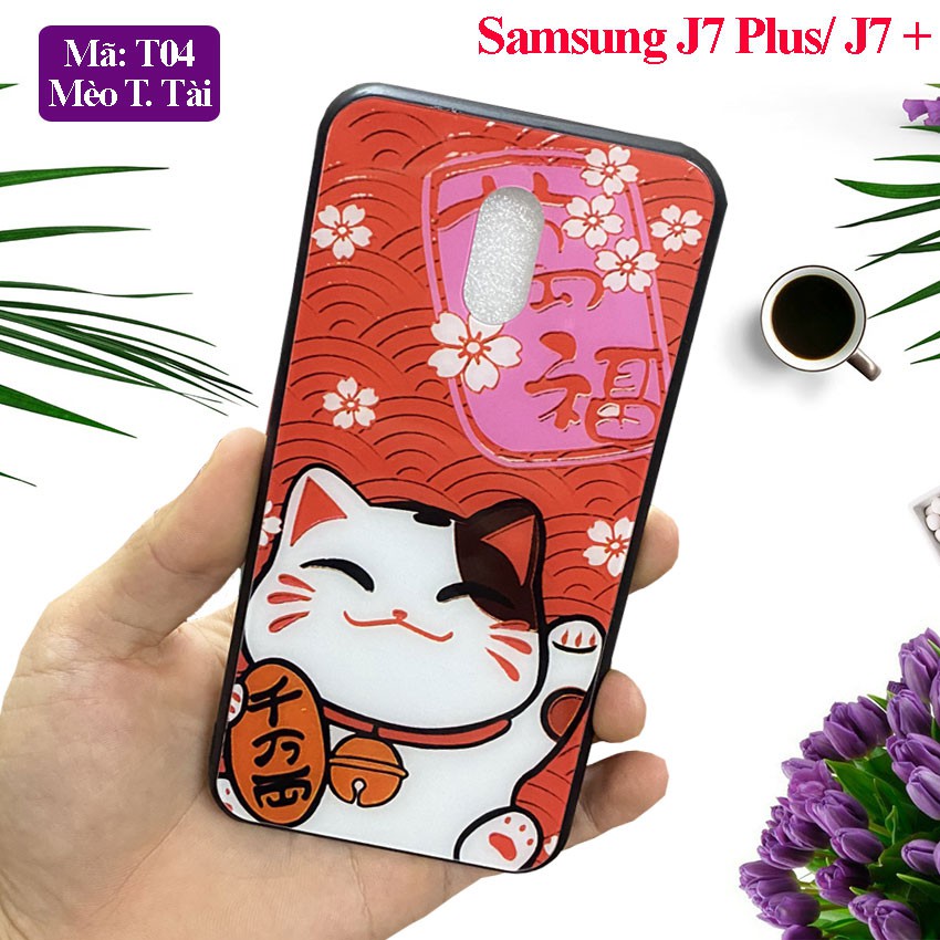 Ốp lưng Samsung J7 Plus /J7+ mặt kính cường lực sang trọng in hoa văn 3D sắc nét chống trầy xước, case op lung galaxy