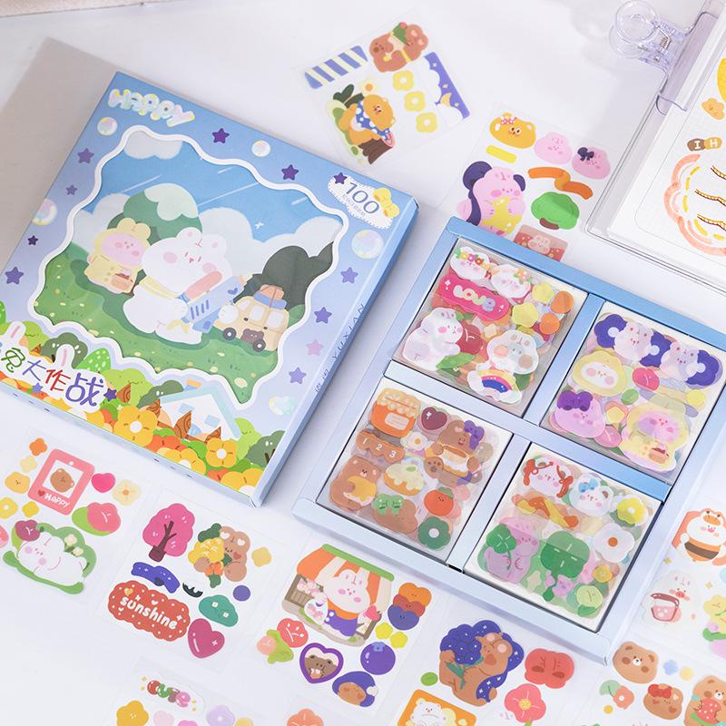 Set 100 sticker/nhãn dán chủ đề THỎ ĐI PICNIC chất liệu PET/PVC chống thấm nước