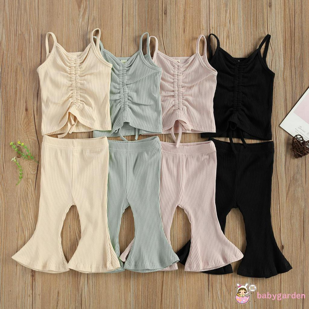 Set Áo Sát Nách Cổ Chữ V + Quần Ống Loe Phong Cách Đơn Giản Cho Bé Gái