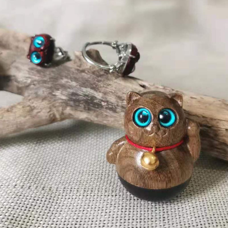 Mèo Gỗ Thần Tài; Phụ Kiện Chó Mèo Thú Cưng;  Mèo Lật Đật Khắc Gỗ May Mắn