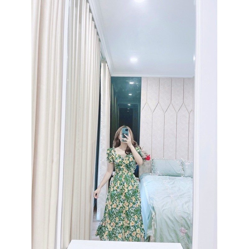 VNU241 - VÁY MAXI DÚM NGỰC HOA VÀNG LÁ XANH ĐUÔI CÁ | BigBuy360 - bigbuy360.vn