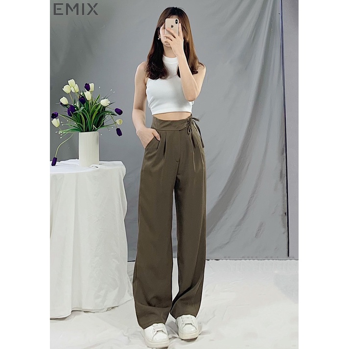 Quần vải xuông buộc dây EMIX (3 màu), basic trousers, dáng dài, cạp cao, ống suông, kèm dây đai, chất liệu tuytxi 534