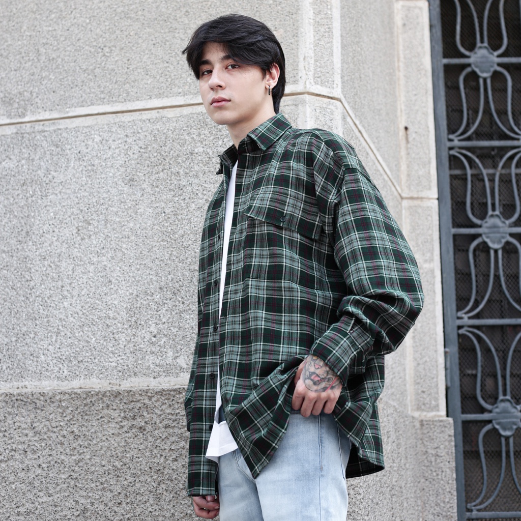 Áo Sơ Mi Flannel Màu Xanh Sọc Tím Form Rộng Thoải Mái Chất Liệu Cotton Thoáng Mát