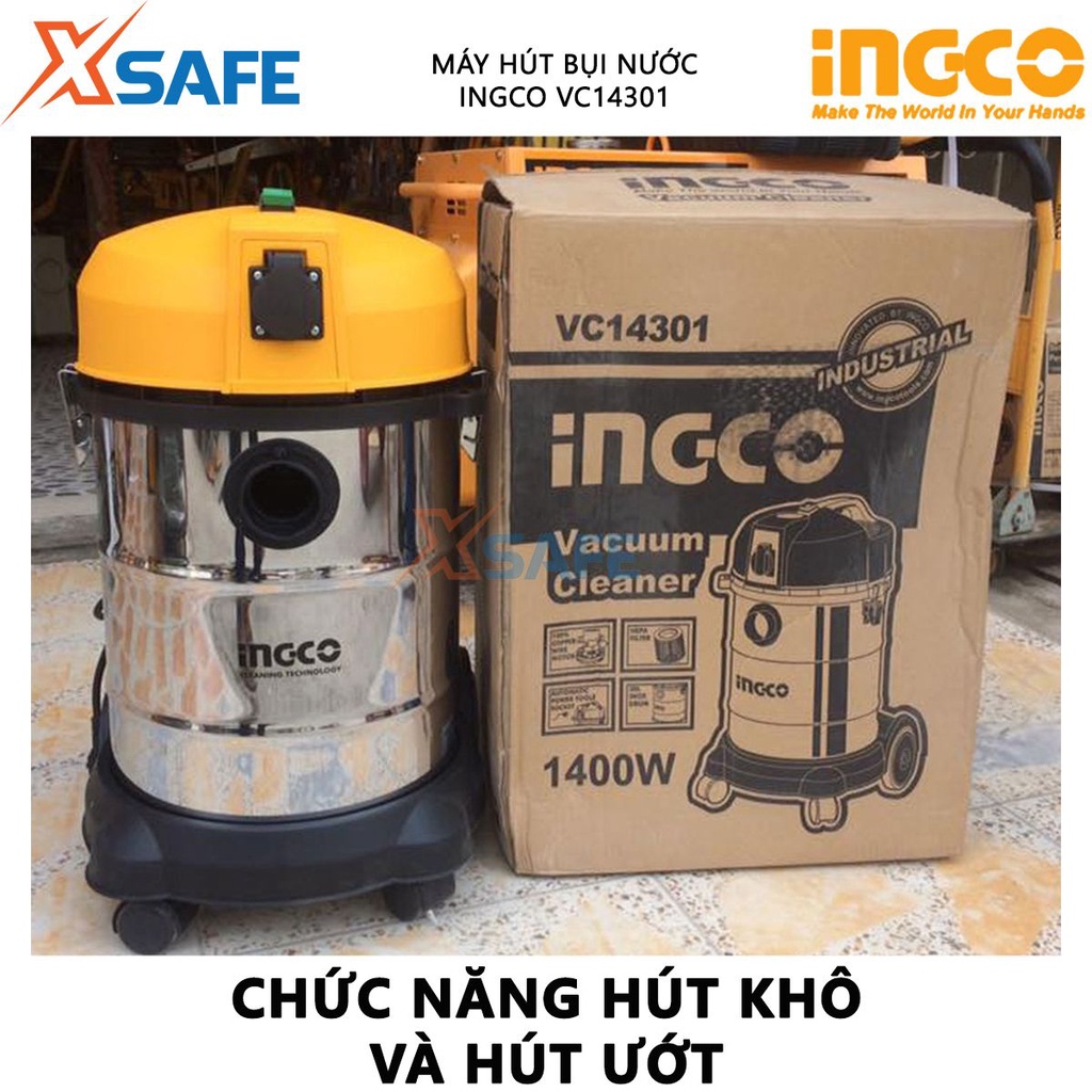 Máy hút bụi nước INGCO VC14301 - Công suất 1400W, dung tích thùng chứa (inox) 30 lít, chức năng hút khô và hút ướt