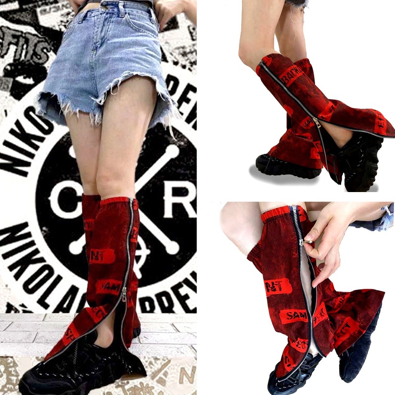 Xiangbao Vỏ Bọc Chân Loe In Chữ Goth Punk Hip Hop Harajuku Nhật Bản Màu Đỏ Giữ Ấm Có Khóa Kéo Bên Hông Cho Nữ