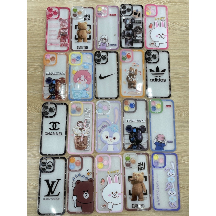 Ốp Ip hình Gấu Bearbrick viền xi Hồng Tím Xanh OP04