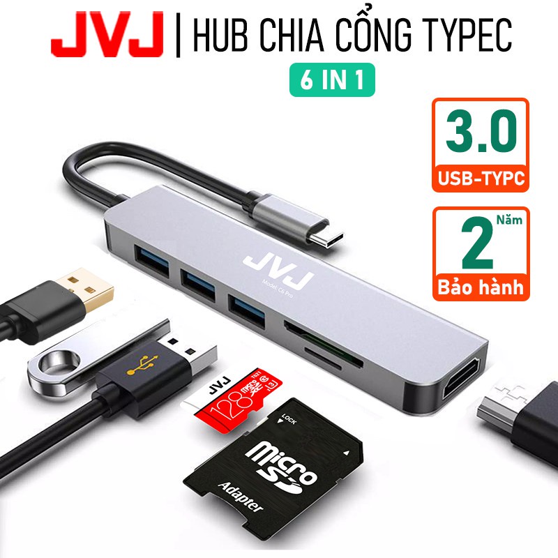 Hub type C USB C6 JVJ 6 trong 1 đa năng cổng chuyển đổi chia cổng USB 3.0 tốc độ 500Mb/s SD, TF, 4K,HDMI cho MacBook lap