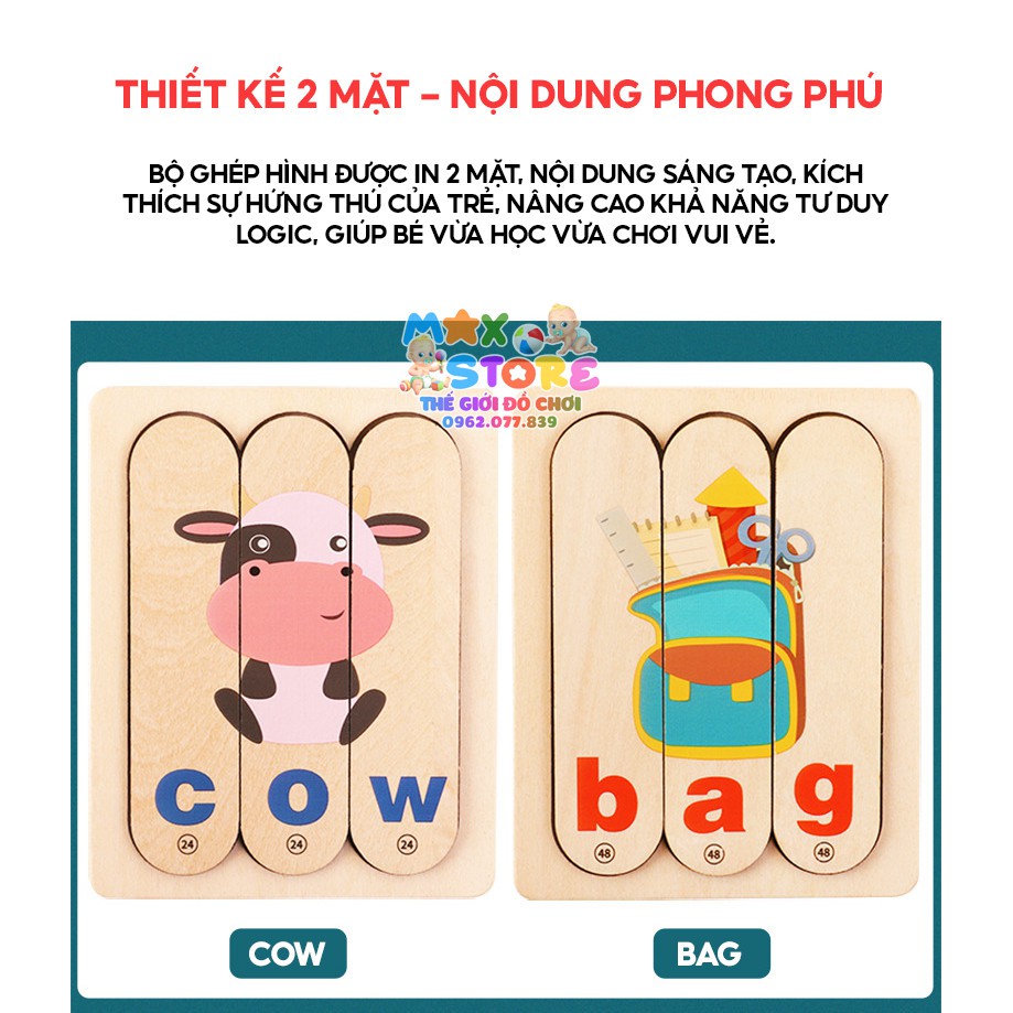 Bộ Xếp Hình Gỗ 3D Montessori WORD PUZZLE- Đồ Chơi Ghép Chữ Que Kem Giúp Bé Phát Triển Từ Vựng Tiếng Anh MaxStore