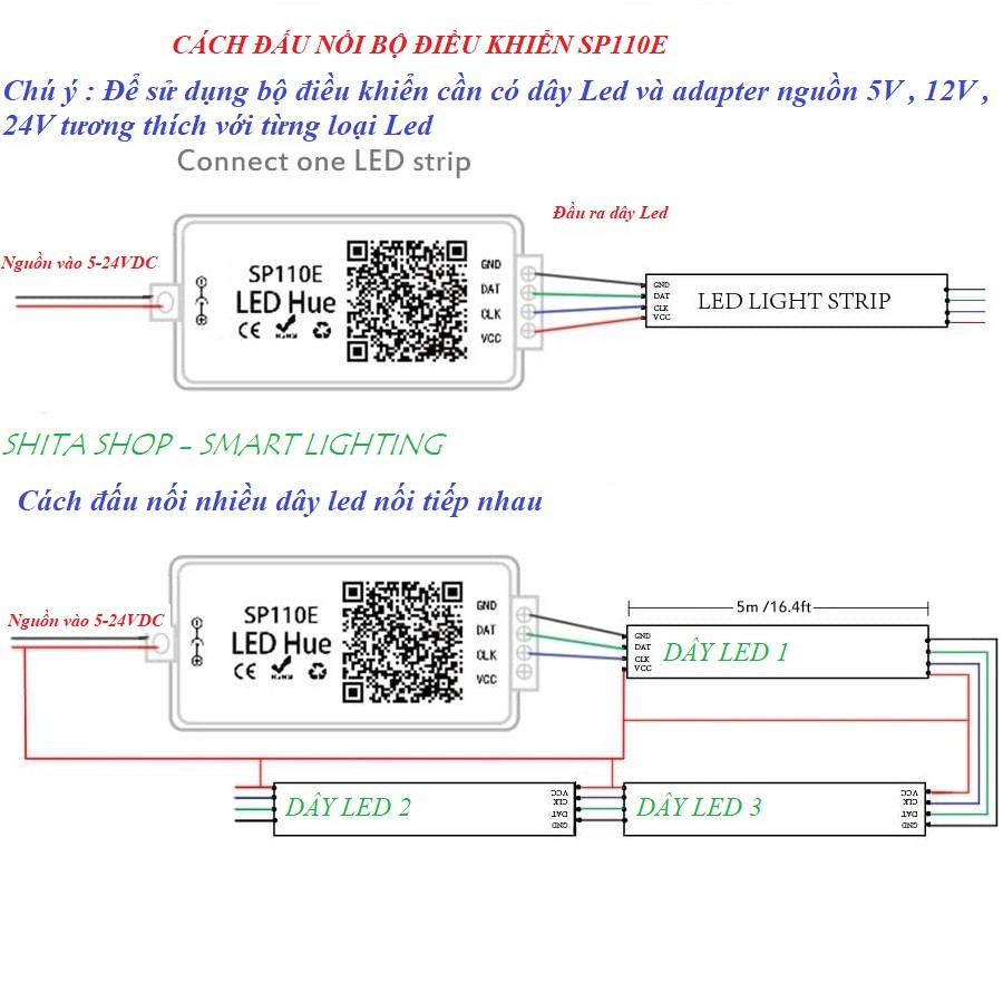 Bộ điều khiển đèn Led SP110E bằng ứng dụng IOS Android - Điện áp 5V-24V