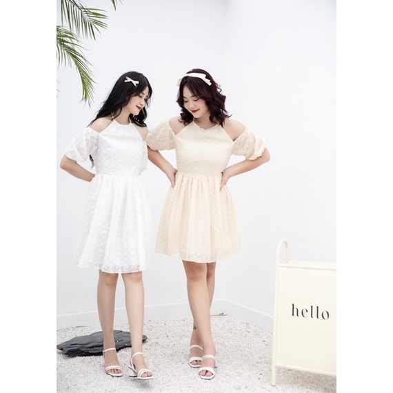 Đầm Dự Tiệc Lowa Dress Vải Voan Tơ Lông Vũ Cổ Yếm Trễ Vai Tay Bồng CaoCaobycaochen 2 Màu Trắng Be Có Bigsize