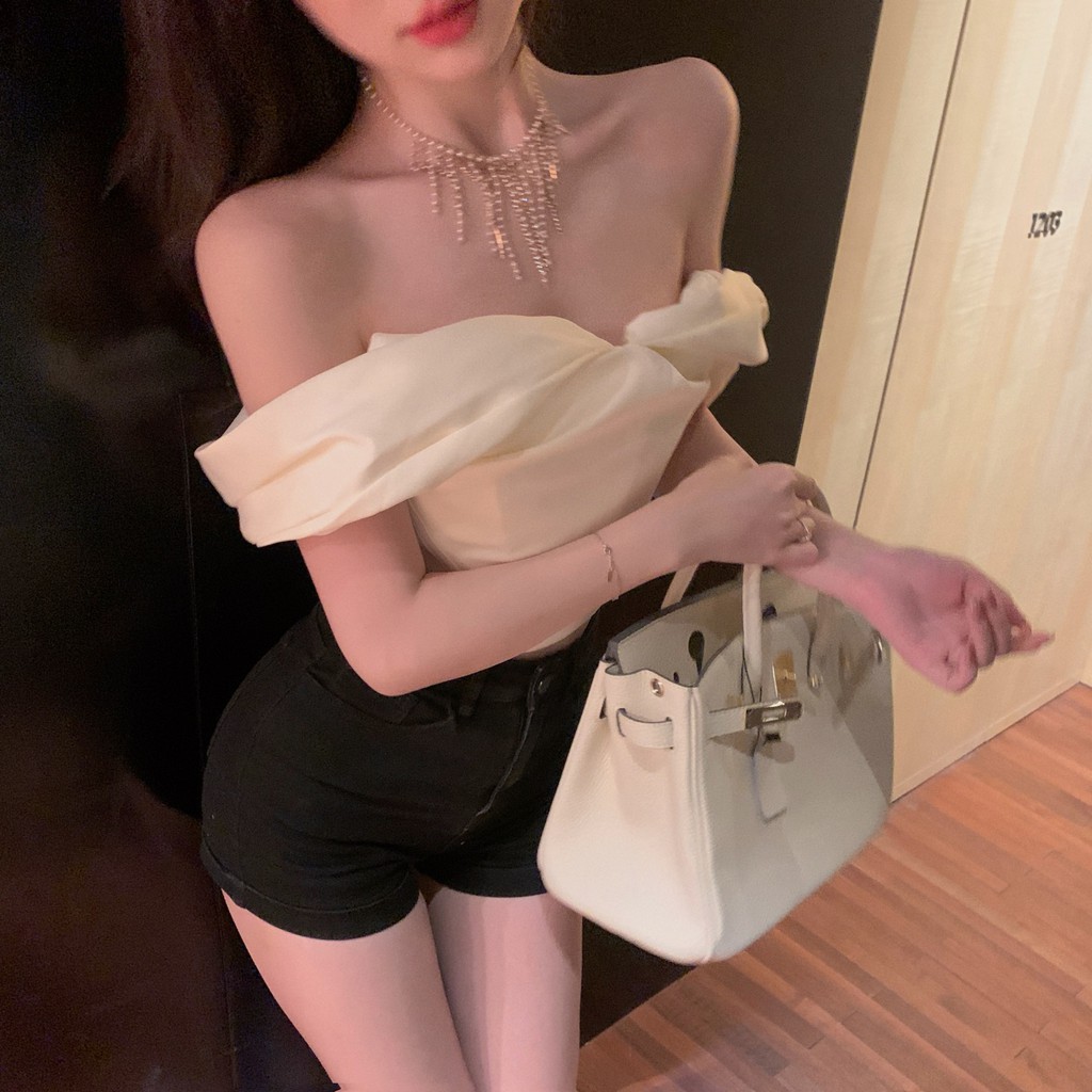 Cocory vn Thời Trang Áo Croptop Tay Ngắn Trễ Vai Chất Liệu Satin Quyến Rũ Cho Nữ