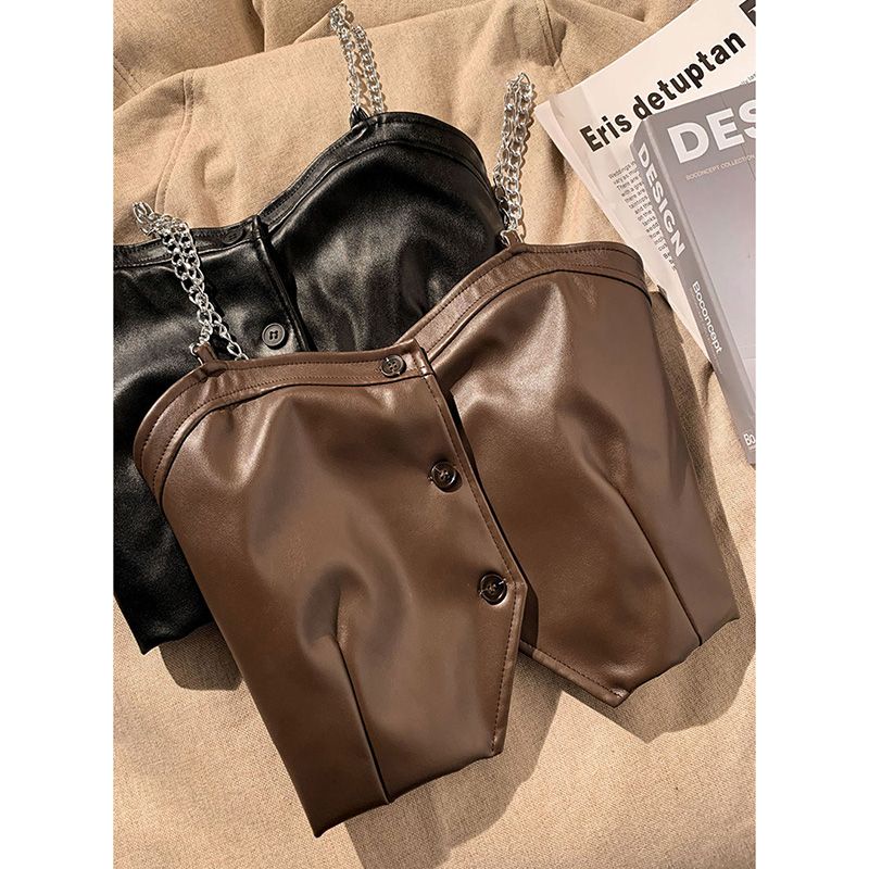 Hàng Có Sẵn Áo Khoác Da Không Tay Ngắn Màu Cà Phê Phối Dây Xích Quyến Rũ Mặc Ngoài Trời Mùa Xuân Thu H