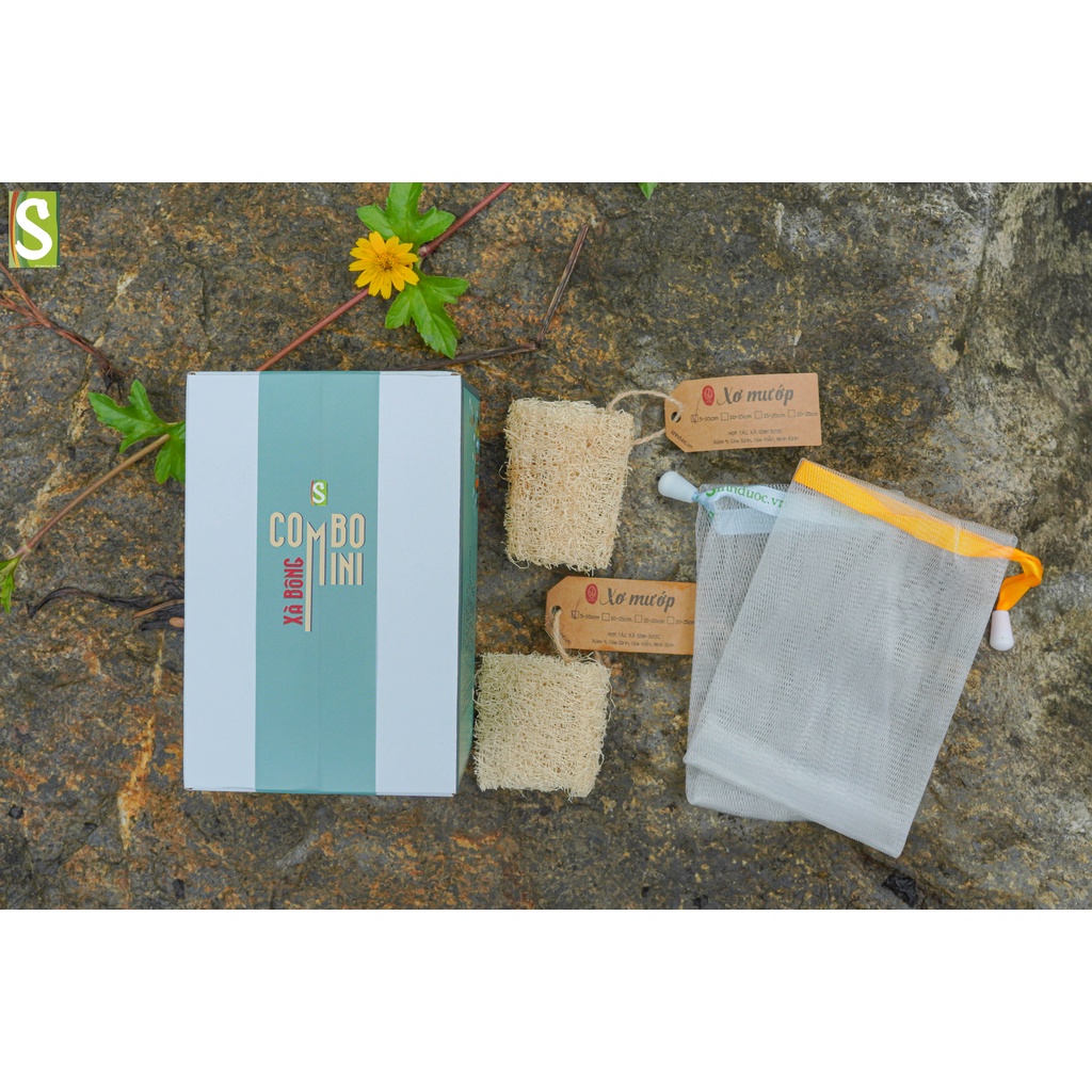 Combo xà bông mini - Hộp 500g xà bông vụn kèm túi lưới và xơ mướp