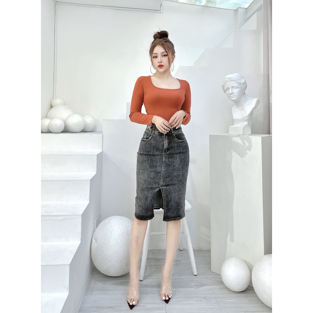 Chân váy jeans dài nữ CRAZYTEEN dáng ôm sang trọng V0011
