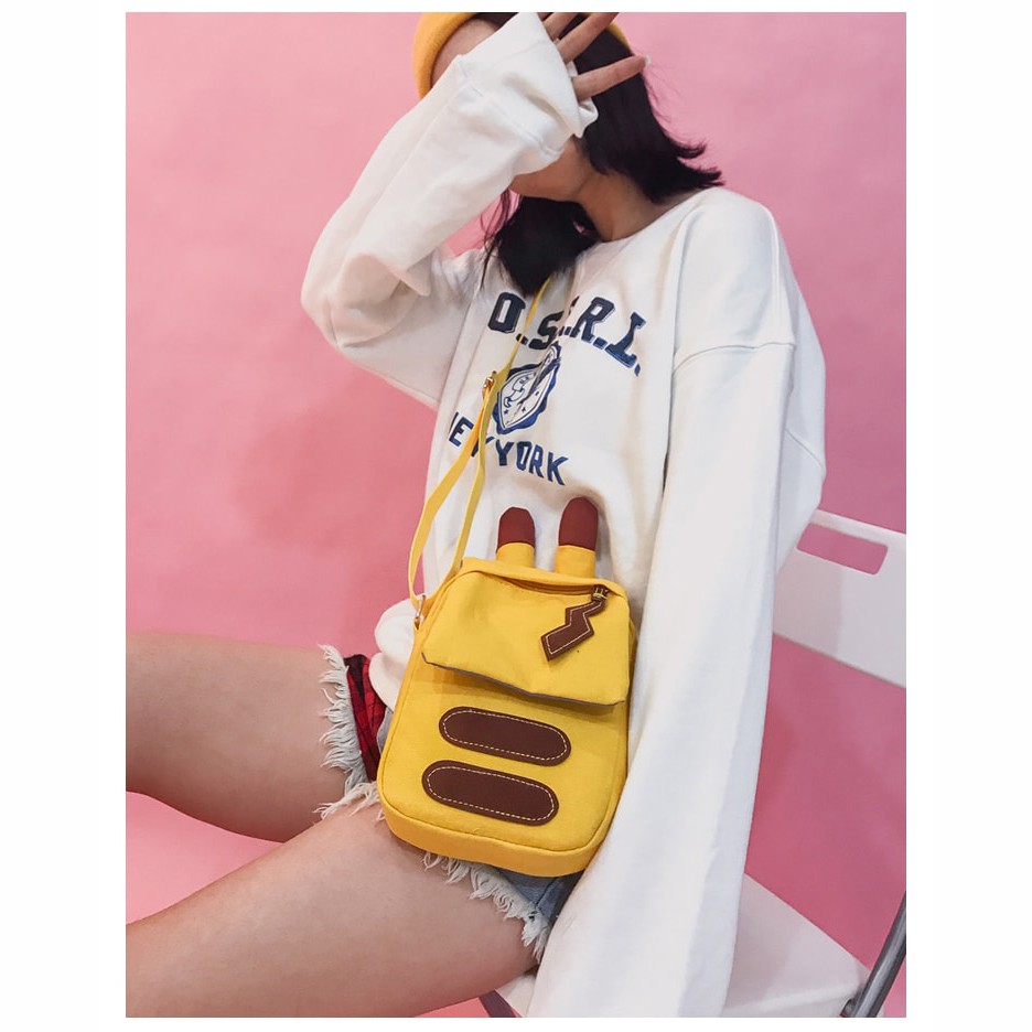 Túi dạo phố dễ thương vải nữ đeo chéo vai hình Pikachu chất liệu vải bố thiết kế nhỏ xinh tiện dụng phong cách