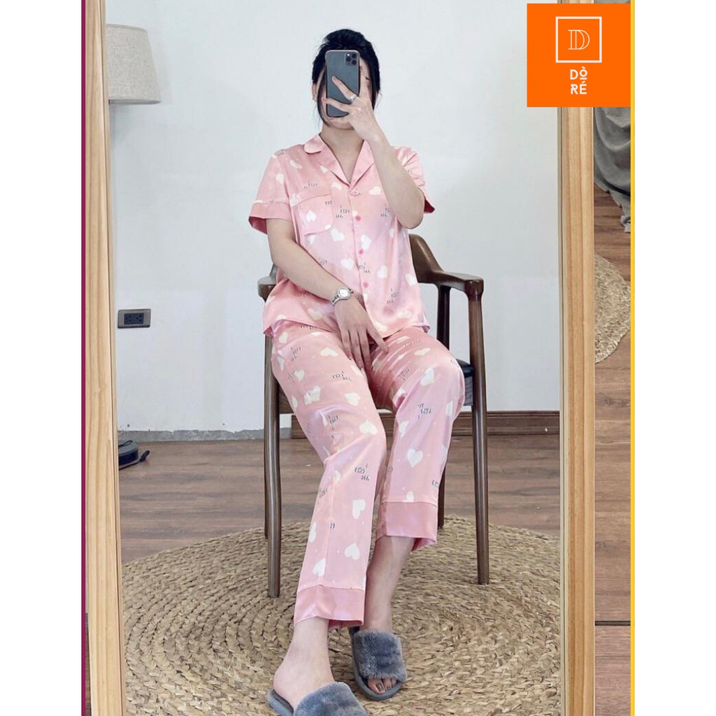 Bộ mặc nhà Vic Pyjama lụa họa tiết trái tim phối viền so kute, chất liệu lụa HQ mềm mướt, mịn mát