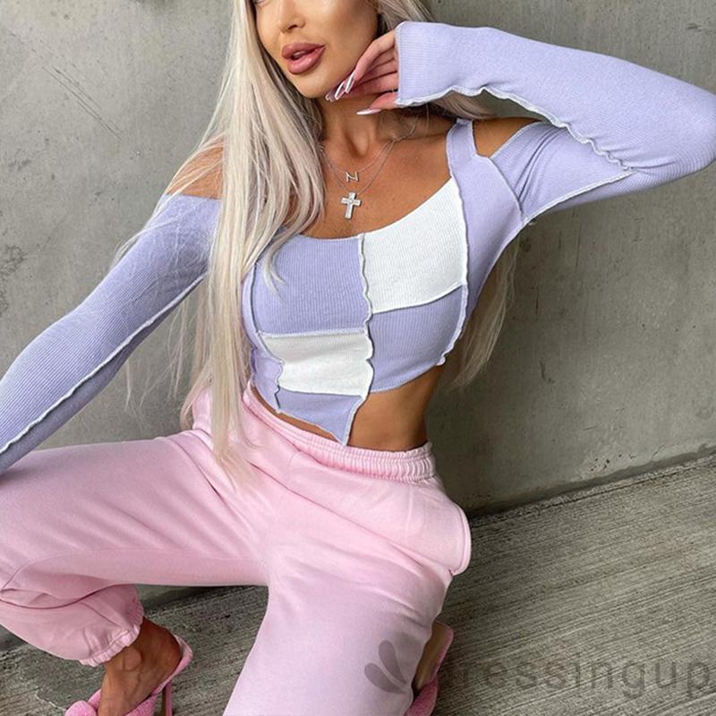 Đầm Tay Dài Hở Vai Màu Tương Phản Thời Trang Cho Nữ