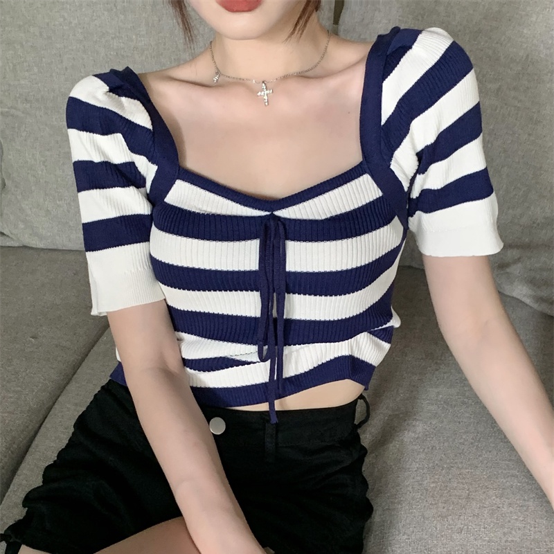 SUXI Áo Dệt Kim Cổ Vuông Họa Tiết Kẻ Sọc Màu Sắc Trơn Thời Trang Mùa Hè Cho Nữ