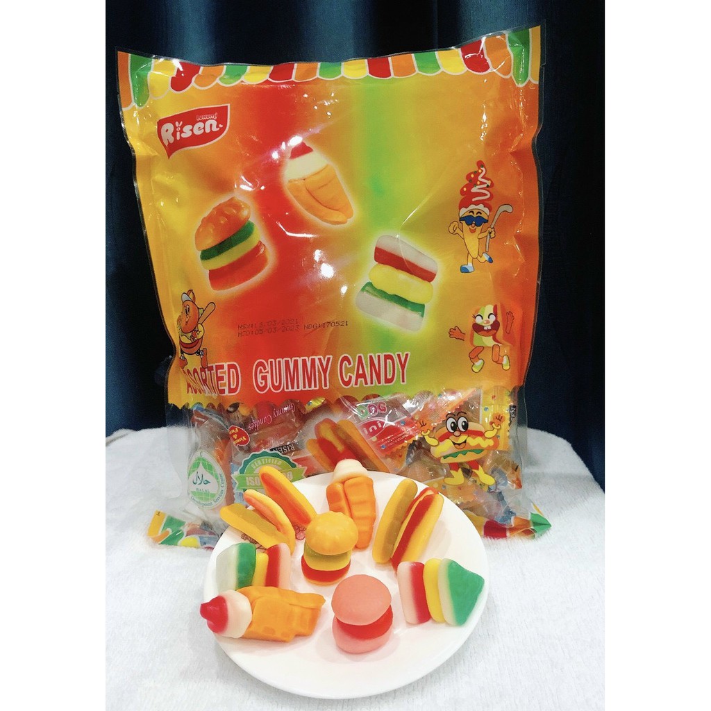 Kẹo dẻo hình fashfood Gummy Candy Risen Mỹ 350g cho bé ăn vặt ngon (hình hotdog, hamburger, kem ốc quế, Sandwich)