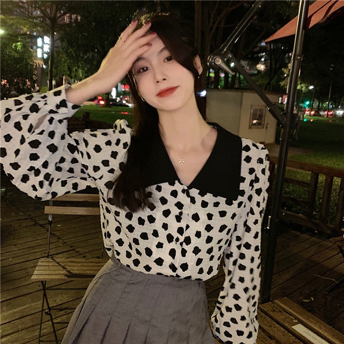 Áo sơ mi BH chấm bi cổ búp bê dài tay thời trang Hàn Quốc dành cho nữ 2022