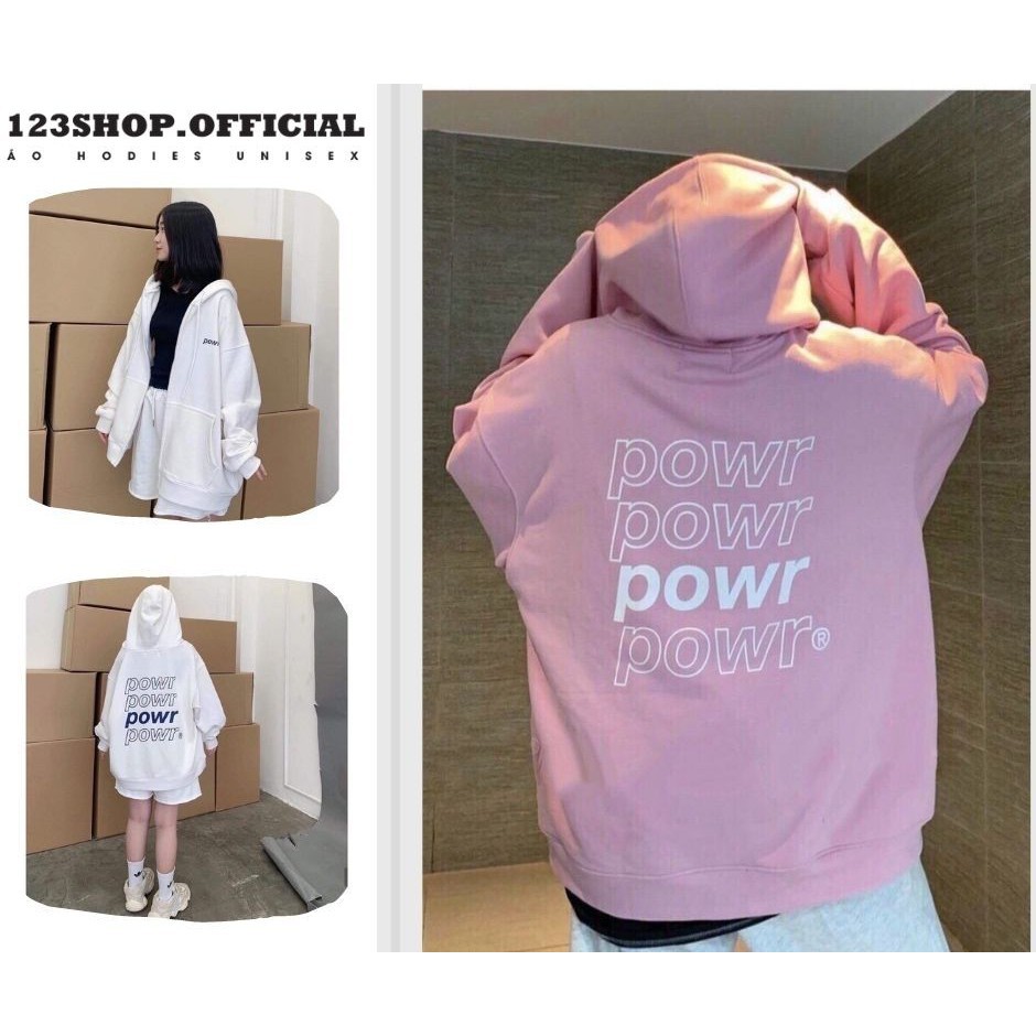 Áo hoodie Chống Gió Lạnh Cho Nam Cho Nữ Có Dây Kéo Khoác Nỉ Form Rộng In Hình POWR Unisex Ulzzang 5 Màu ( Kèm Ảnh Thật)