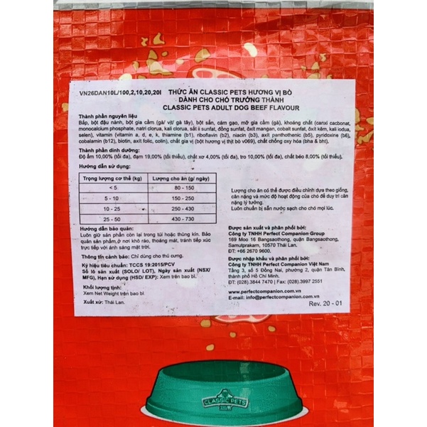 Thức ăn cho chó trưởng thành hương vị thịt bò nướng Classic Pets 10kg