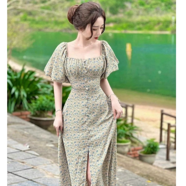 Đầm Midi Dự Tiệc,đầm Váy Hoa Xẻ Tà Dáng Dài Qua Gối Thiết Kế Cổ Vuông Tay Phồng Tiểu Thư Chảnh Thời Trang Xm Minh Phúc
