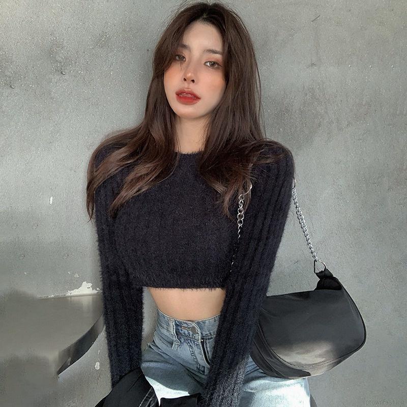 Áo Croptop Vải Lông Dệt Kim Mềm Mại Tay Dài Cổ Tròn Thời Trang Mùa Thu Cho Nữ