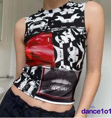 Áo thun không tay cổ tròn in hình đôi môi cho nữ