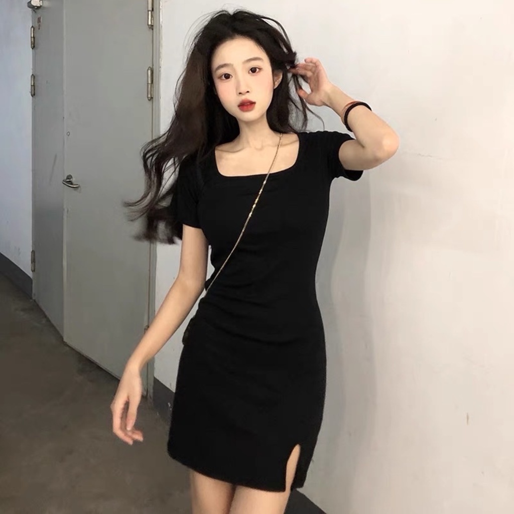 Đầm cổ vuông xẻ trước dáng ôm body màu đen sexy cá tính freesize &lt; 53kg