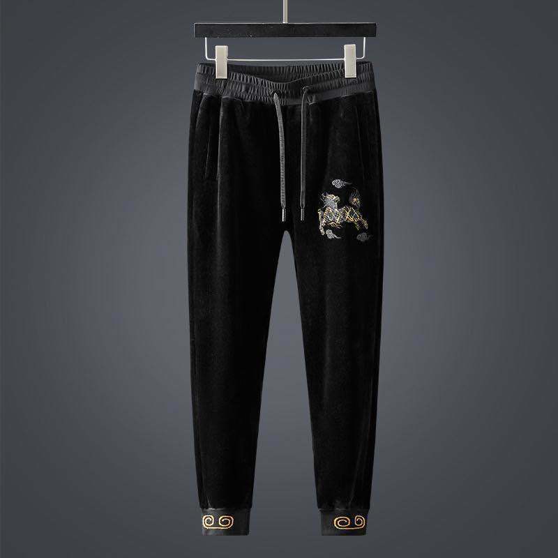 Bộ quần áo nhung dày dáng rộng thêu họa tiết con lân phong cách Trung Hoa ấm áp cho nam mùa thu đông