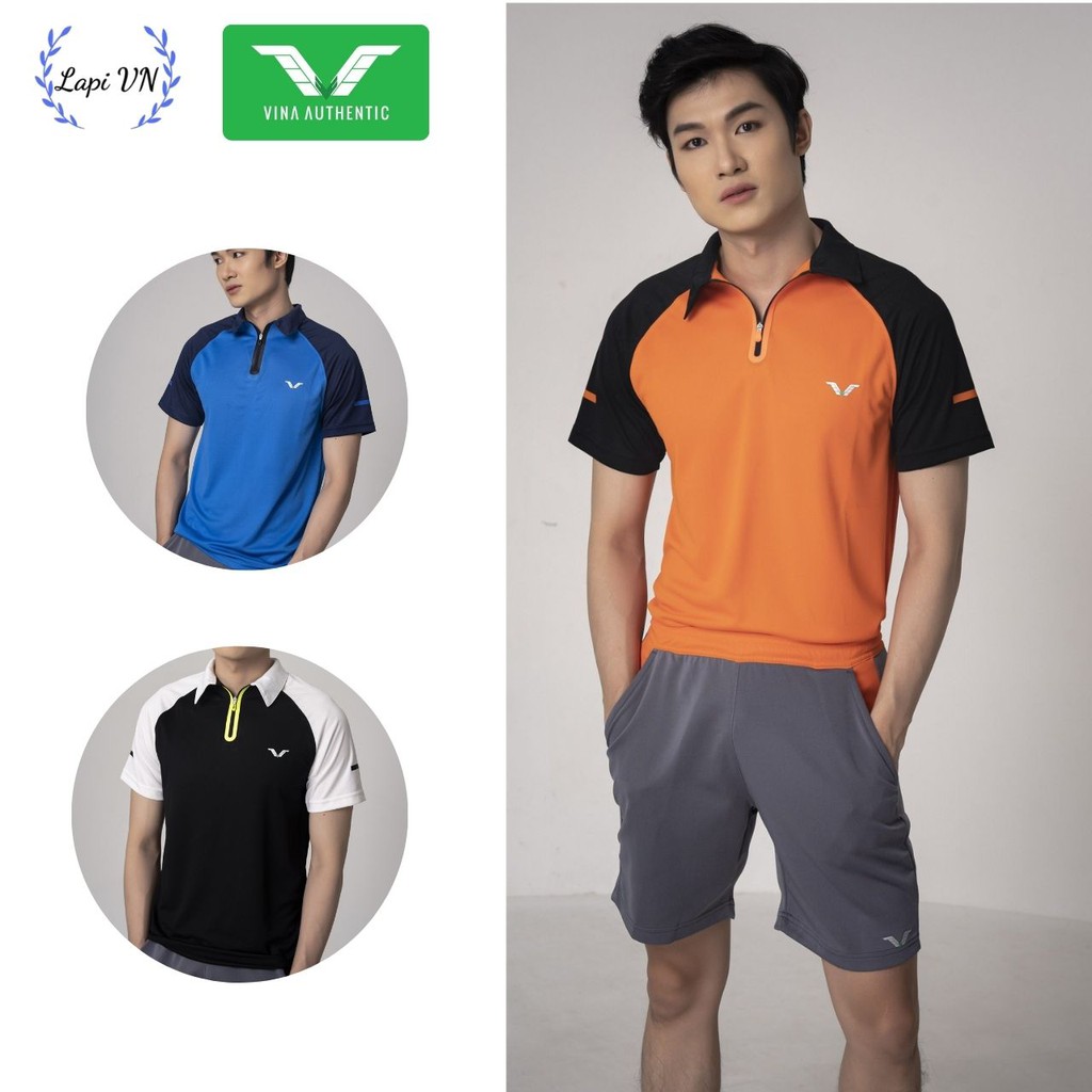 Áo Cầu Lông Nam Cổ Trụ AVP03 Vina Sport, Chất Thun Poly Thấm Hút Mồ Hôi, Tay Phối, Co Dãn Tốt, Full Size, Đồ Tập Gym