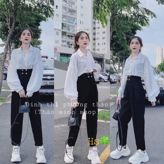 Set bộ áo sơ mi tay phồng quần baggy 4 cúc Hs