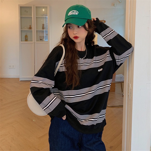 SUXI Áo sweater cổ tròn kẻ sọc thiết kế sành điệu thời trang mùa thu phong cách Hàn Quốc cho nữ
