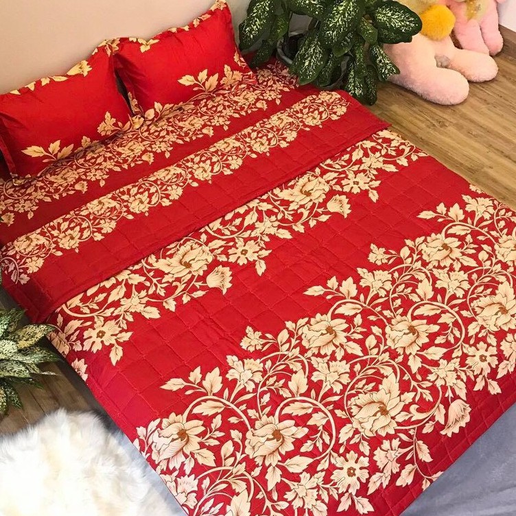 Sét Chăn Ga Gối 5 Món Cotton Poly Emmidecor Mẫu Hoa Móc Đỏ