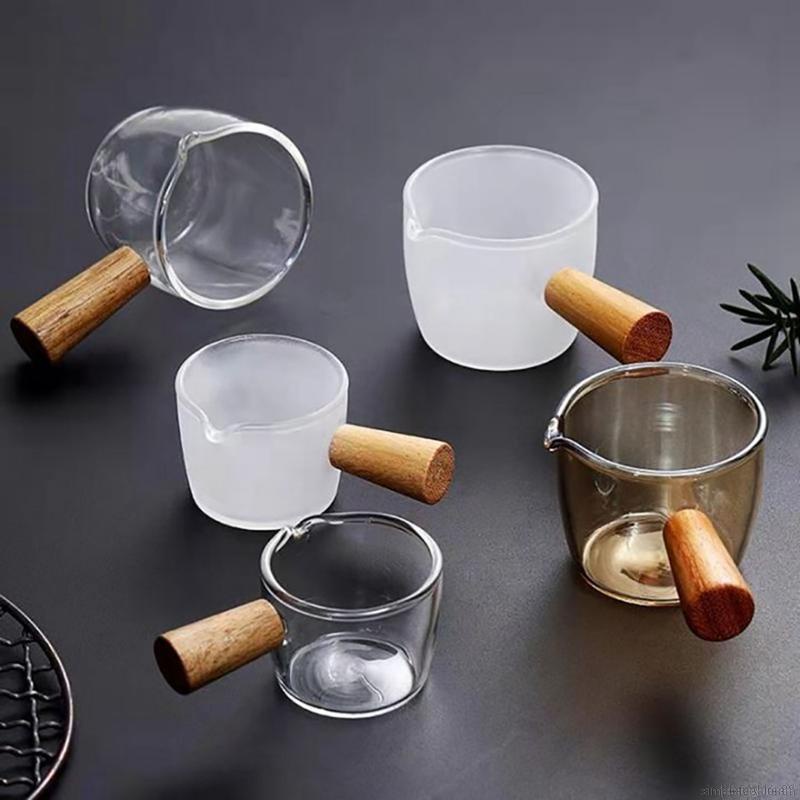 Cốc Đo Lường Bằng Thủy Tinh Dày Dặn Có Tay Cầm Gỗ Dùng Để Pha Chế Cà Phê Sữa Espresso