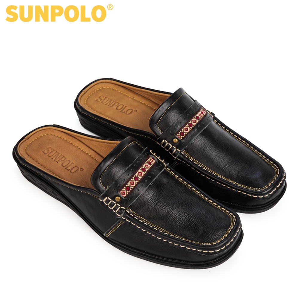 Giày sục dép nam Da bò cao cấp SUNPOLO đi làm công sở, đi chơi Màu Đen - SPO002