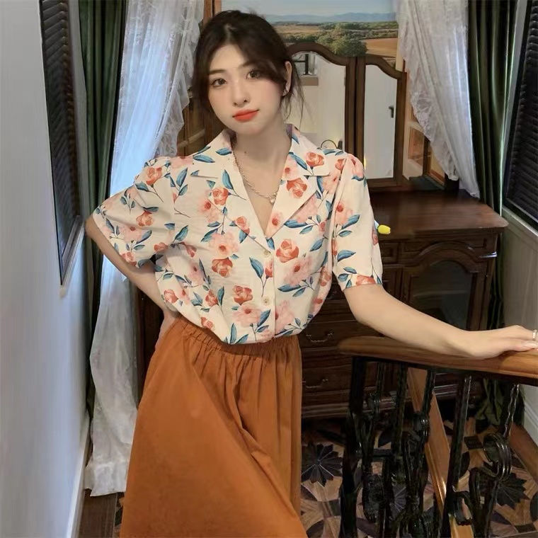 Áo sơ mi SUXI tay ngắn họa tiết hoa thời trang mùa hè cho nữ