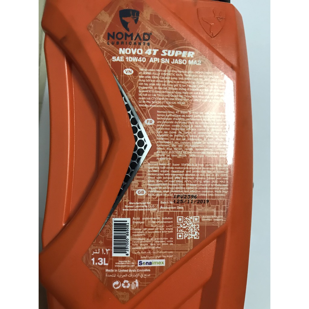 NHỚT DÀNH CHO RAIDER - SATRIA - NHỚT TỔNG HỢP TOÀN PHẦN NOMAD 1.3L - API SN - JASO MA2 - NXM033