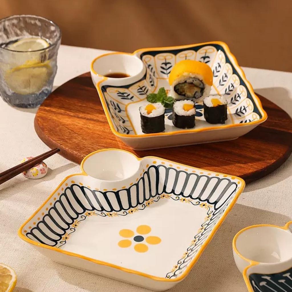 Đĩa Vuông Có Ngăn Chấm Bắc Âu Scandinavia, Đĩa Đựng Thức Ăn Có Ngăn Chấm Sứ Decor