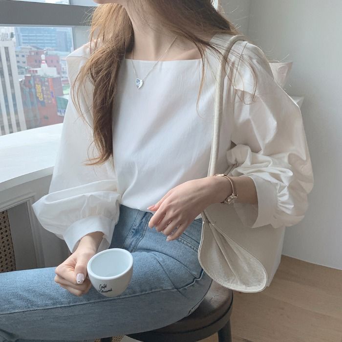Áo sơ mi cổ vuông tay phồng dài màu sắc đơn giản phong cách cổ điển cho nữ