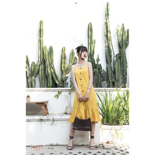 Đầm linen dáng suông 2 dây phối nút gỗ