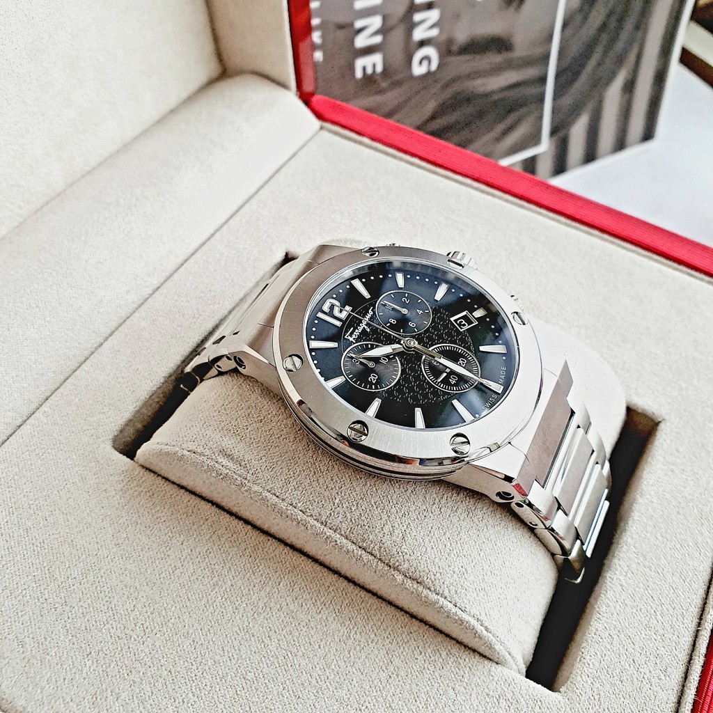 Đồng Hồ Nam FER.RAGAMO f80 cực kỳ menly cho các soái ca, về thêm dây thép bạc mặt đen sport dáng thể thao siêu hot hit