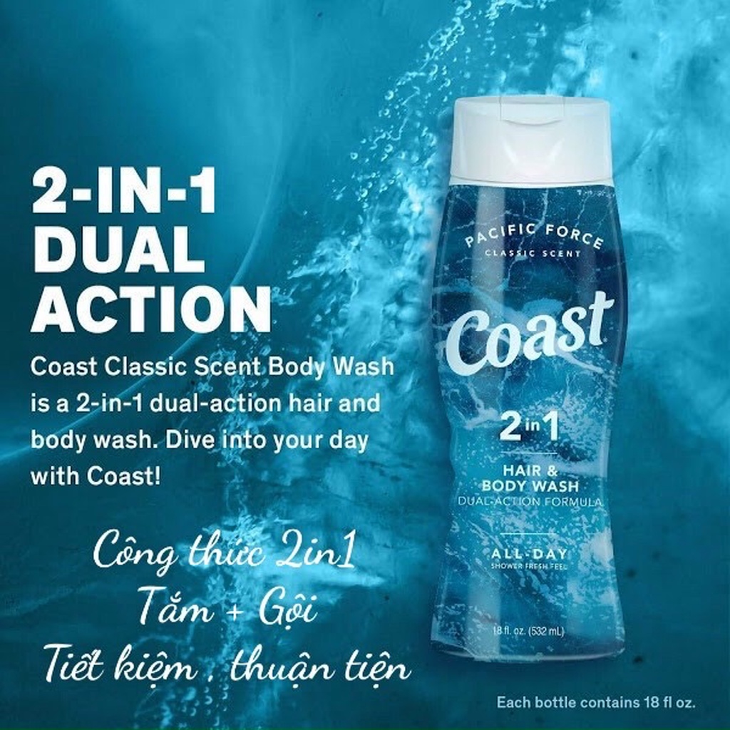 ❤️  [Quận 3] Sale Sữa Tắm Gội Nam Coast 2in1 Hair Body Wash Mỹ 532ml Thơm Sạch Mềm Da | BigBuy360 - bigbuy360.vn
