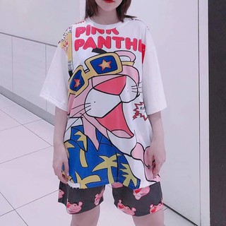 Set bộ báo hồng pink panther 3D + quần short cartoon báo hồng unisex cryaotic10